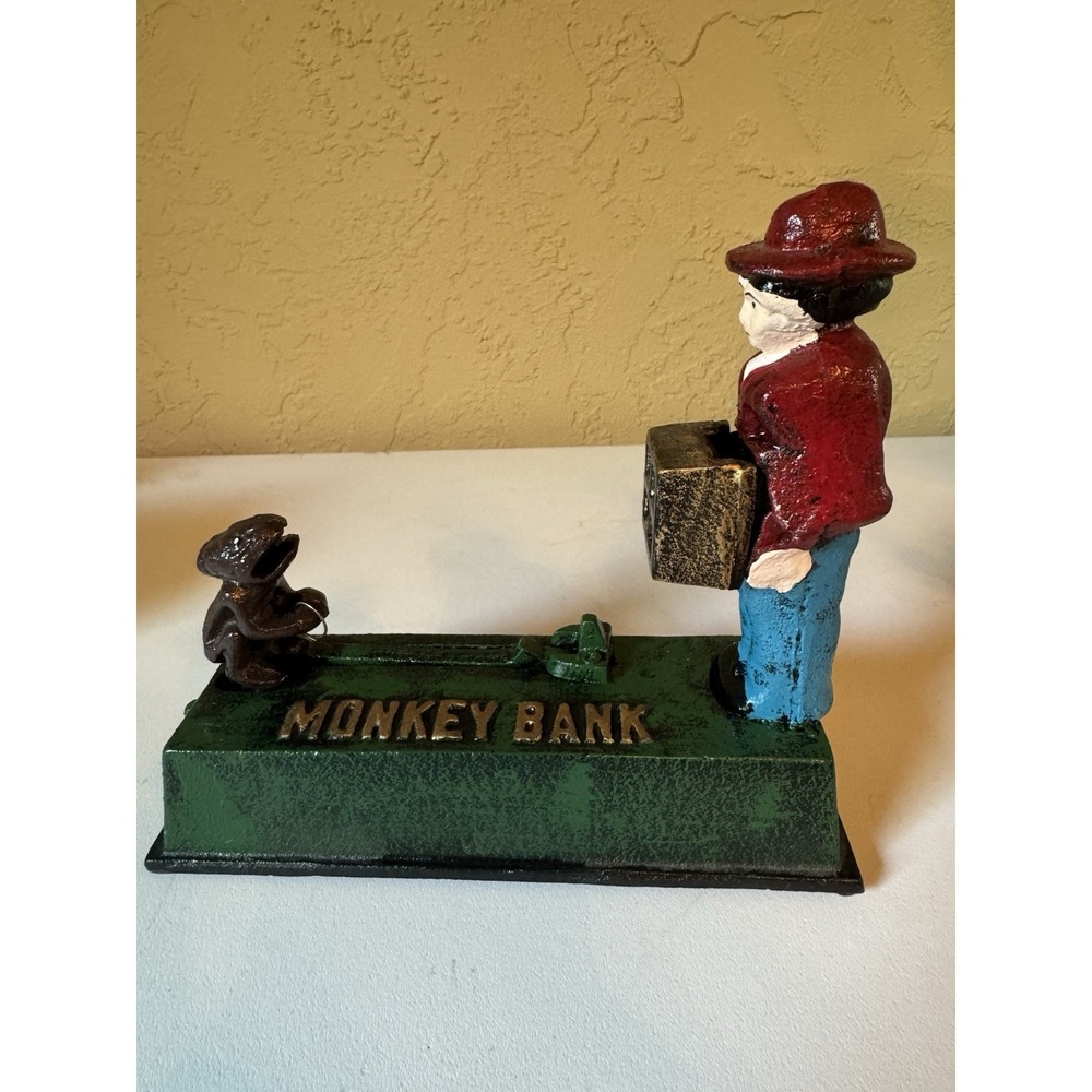 Cast Iron Mechanical Monkey Bank Organ Grinder Figural Coin Piggy Bank Working